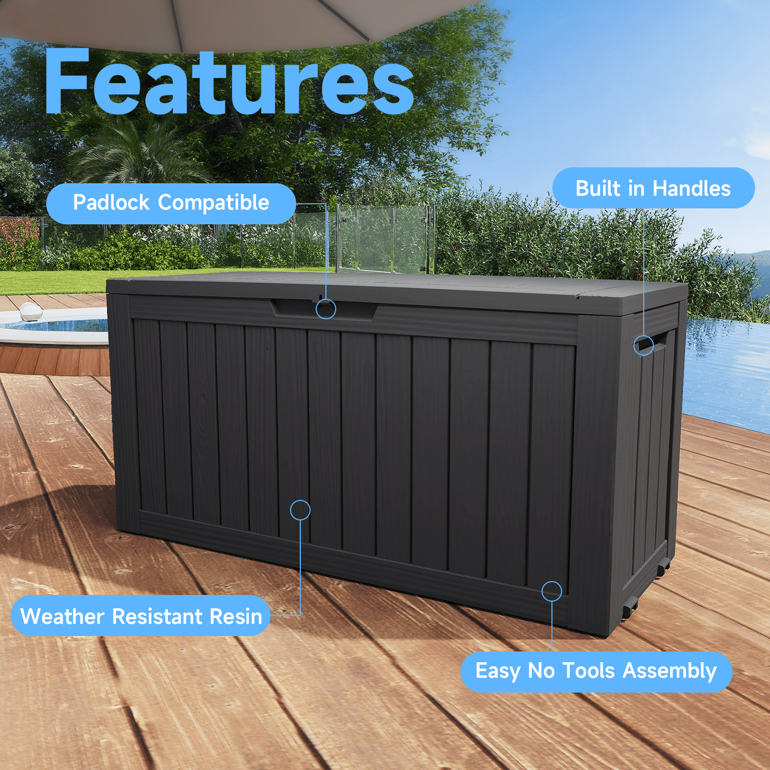 MAYEERTY 80 Gallon Outdoor Deck Box, Large Capacity Storage Box for Patio Furniture Cushions, Pillow with Wheels, Black