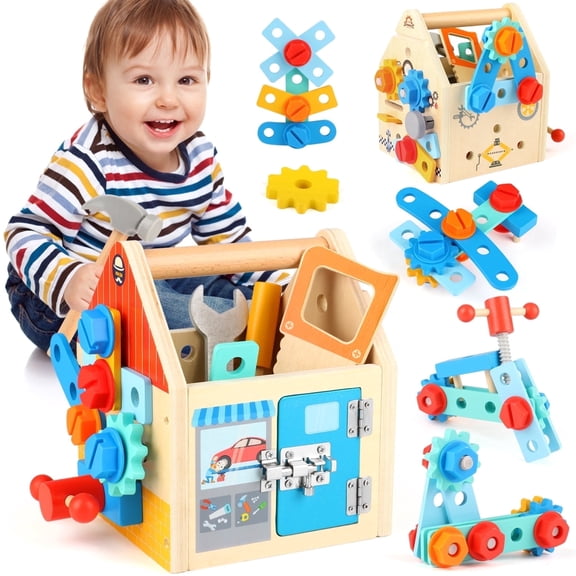 Huge Wave 33Pcs Wooden Tool Set Toys For Kids, Educational Lock Unlock Playset With Storage Box, Christmas Gift For 2-6 Years Old Boys And Girls