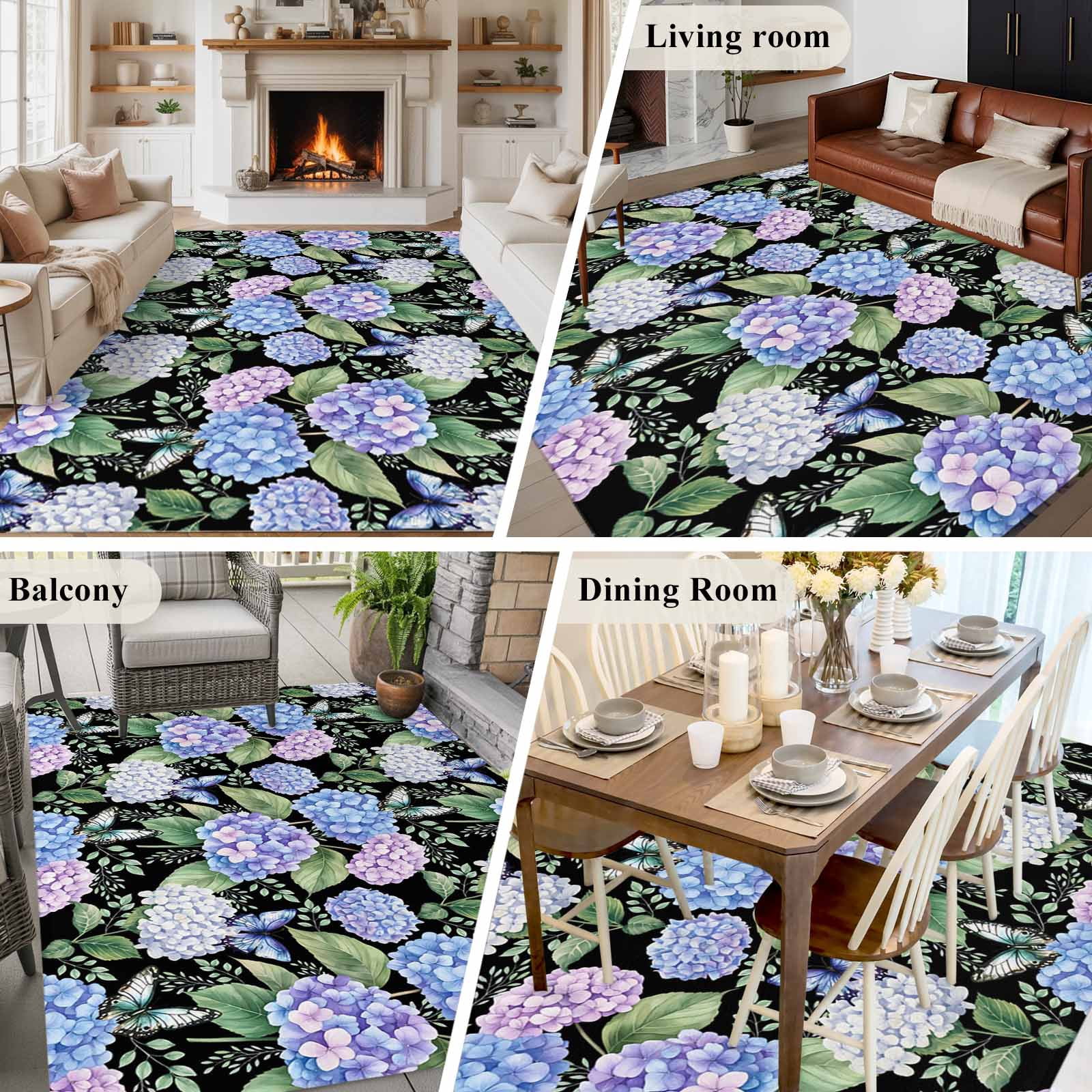 Purple Hydrangea Area Rugs 5'x7', Washable Small Throw Rugs for Laundry Room Playroom, Spring Floral Elegant Pastoral Flowers Indoor Outdoor Rug Non-Slip Low Pile Carpet Runner Reversible Floor Mats