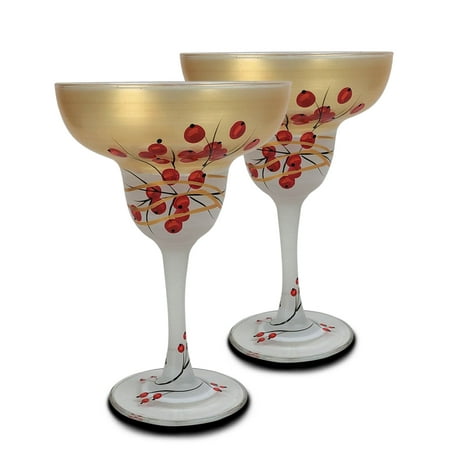

Set of 2 Red and White Berries Hand Painted Margarita Drinking Glasses 12 oz.