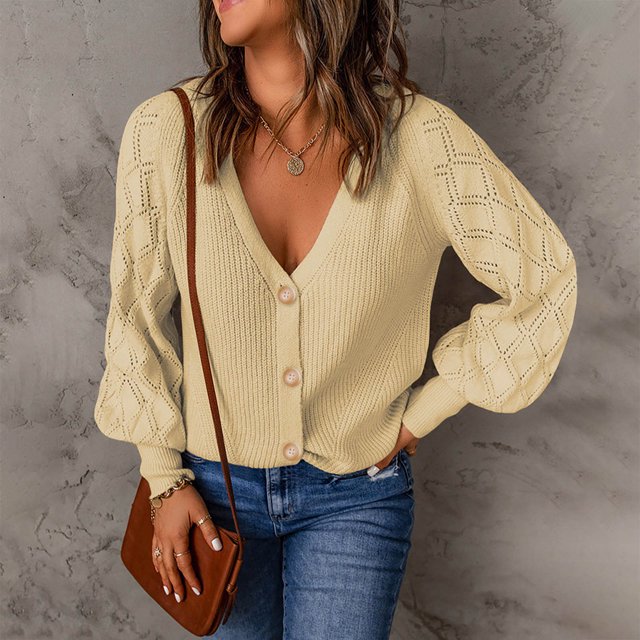 Pntutb Mujeres Casual Sólido Botones de tejer Hollow Out Manga larga Cuello en V Suéteres tops Pntutb Pntutb-4757