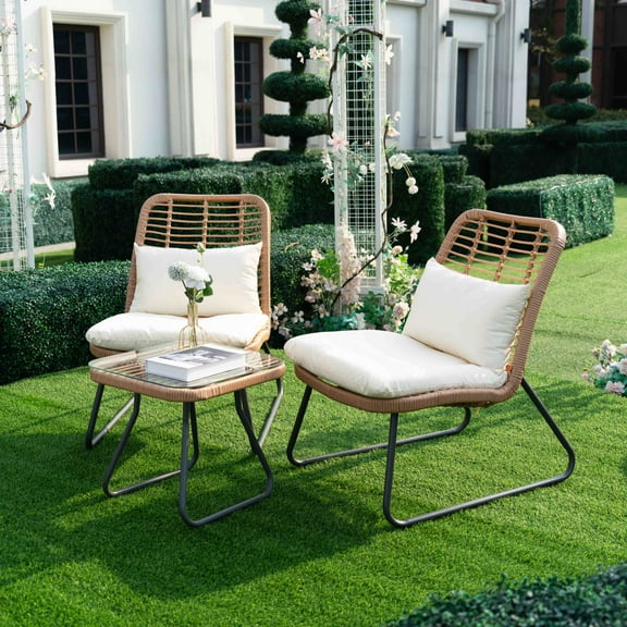 Tappio 3 Piece Outdoor Wicker Patio Conversation Set, Rattan Bistro Set w/Side Table, Space Saving Patio Furniture for Yard and Garden, Beige