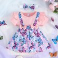 thumbnail image 2 of Baby Bubble Romper Short Sleeve Butterfly Prints Ribbed Romper Bodysuits Dress Headbands Set Onesies Pink 6 Months-9 Months, 2 of 4