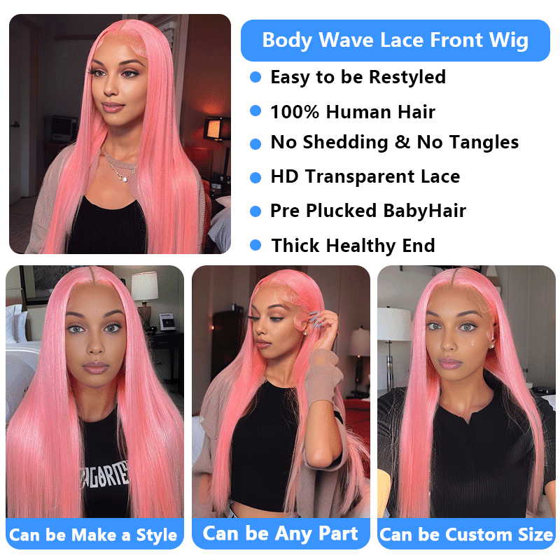 Rose Pink Colored 13x4 Lace Front Wig Straight Brazilian Remy Human Hair Wigs Preplucked Natural Hairline High Density Elegant Hairstyle For Women Daily&Birthday&Wedding Use Wig 180 Density 18 Inch