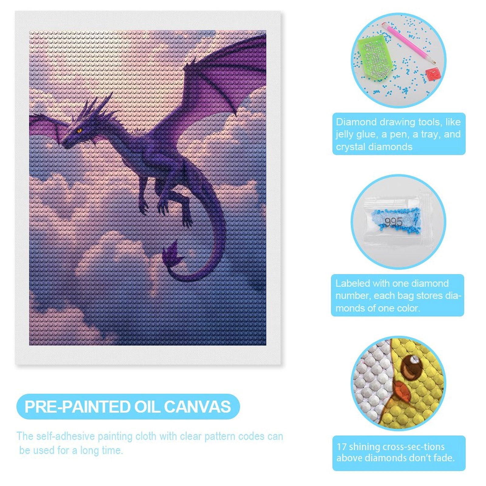 Diamond Art Kits for Adults, Purple Dragon Flying In Clouds 5D Diamond Painting Kits for Adults Beginners, DIY Full Drill Diamond Painting, Gem Art and Crafts 12x16