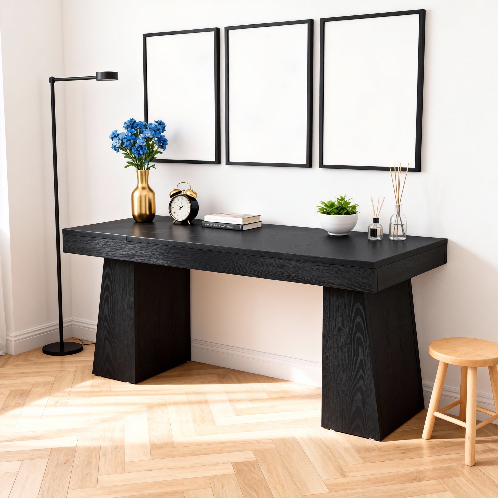 KIOOTTO 55" Executive Computer Desk, Modern Workstation with Trapezoid Base, Black