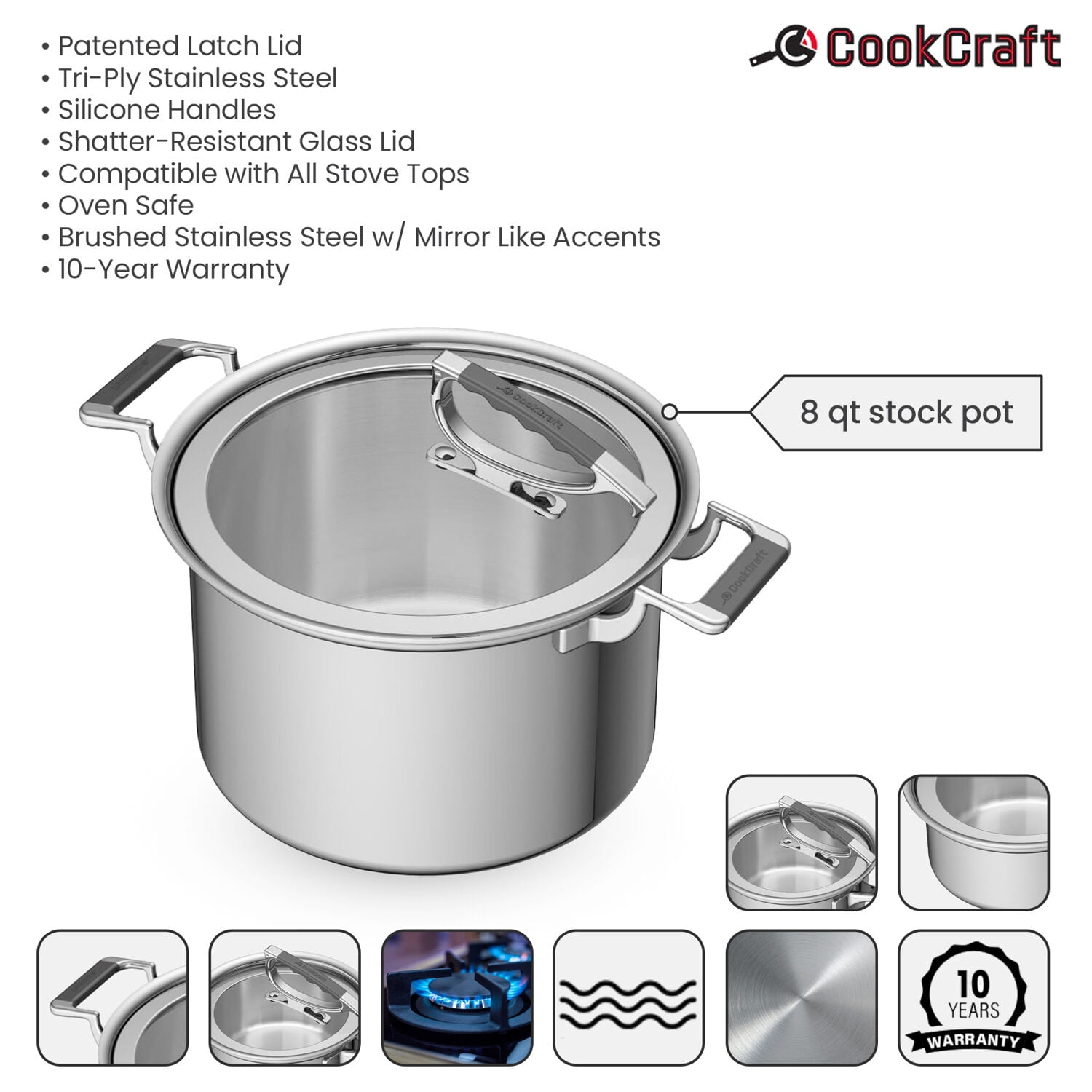 CookCraft 8 QT Stock Pot with Glass Latch Lid –