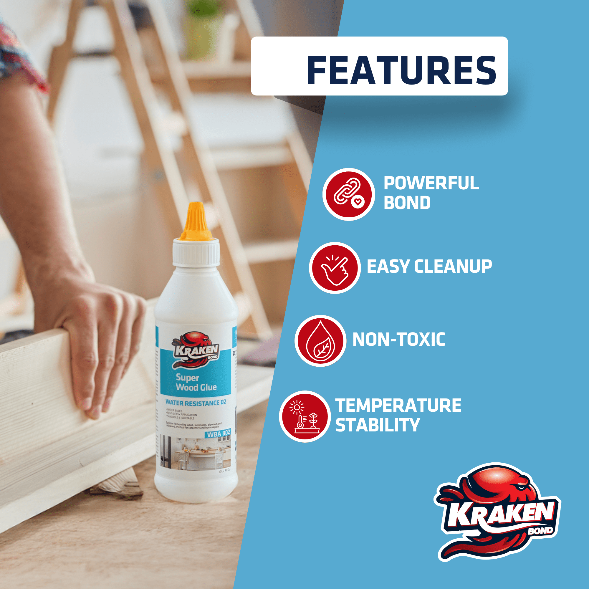 Kraken Bond D2 White PVA Super Wood Glue, Water-Based, 13.5 fl oz - 12 Pack