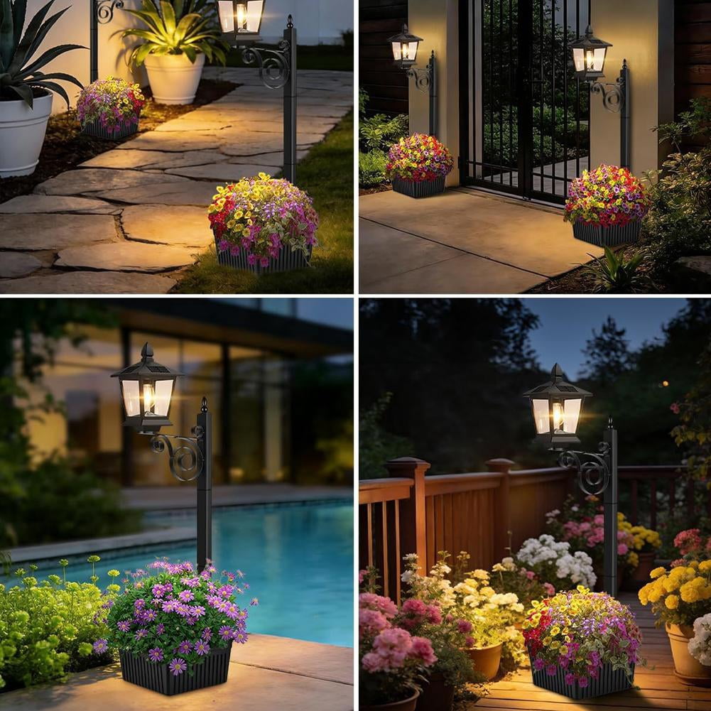 Solar Post Light with Planter, Outdoor Waterproof Garden Lamp with 4 Solar Panels, Auto On Off Lantern for Pathway Yard Patio Decor, 27.2 Inch