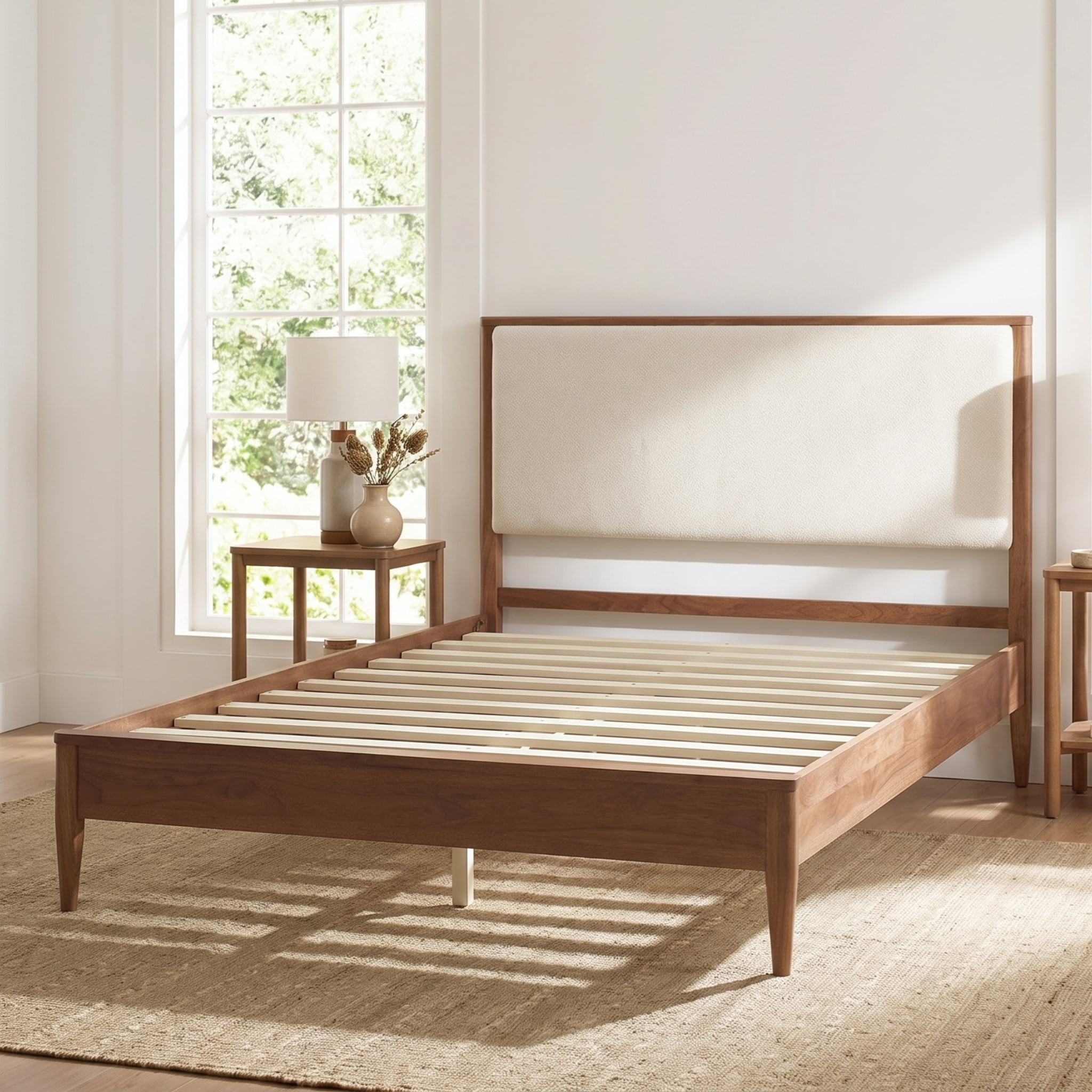 Euroco Wood Queen Size Platform Bed, Mid-Century Modern Style Platform Bed with Boucle Upholstered Headboard, Walnut