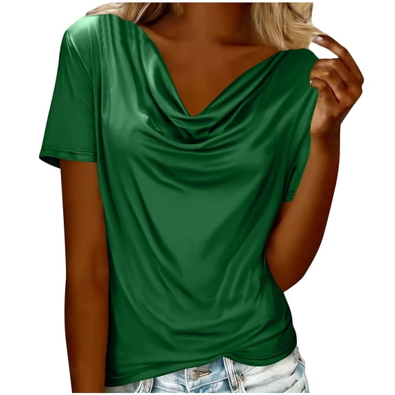 Atogsazn Women's Summer Cowl Neck Blouse Casual Short Sleeve Tops Loose Fit Pullover Office Outfit Shirt Clothing 01-Green M Fashion