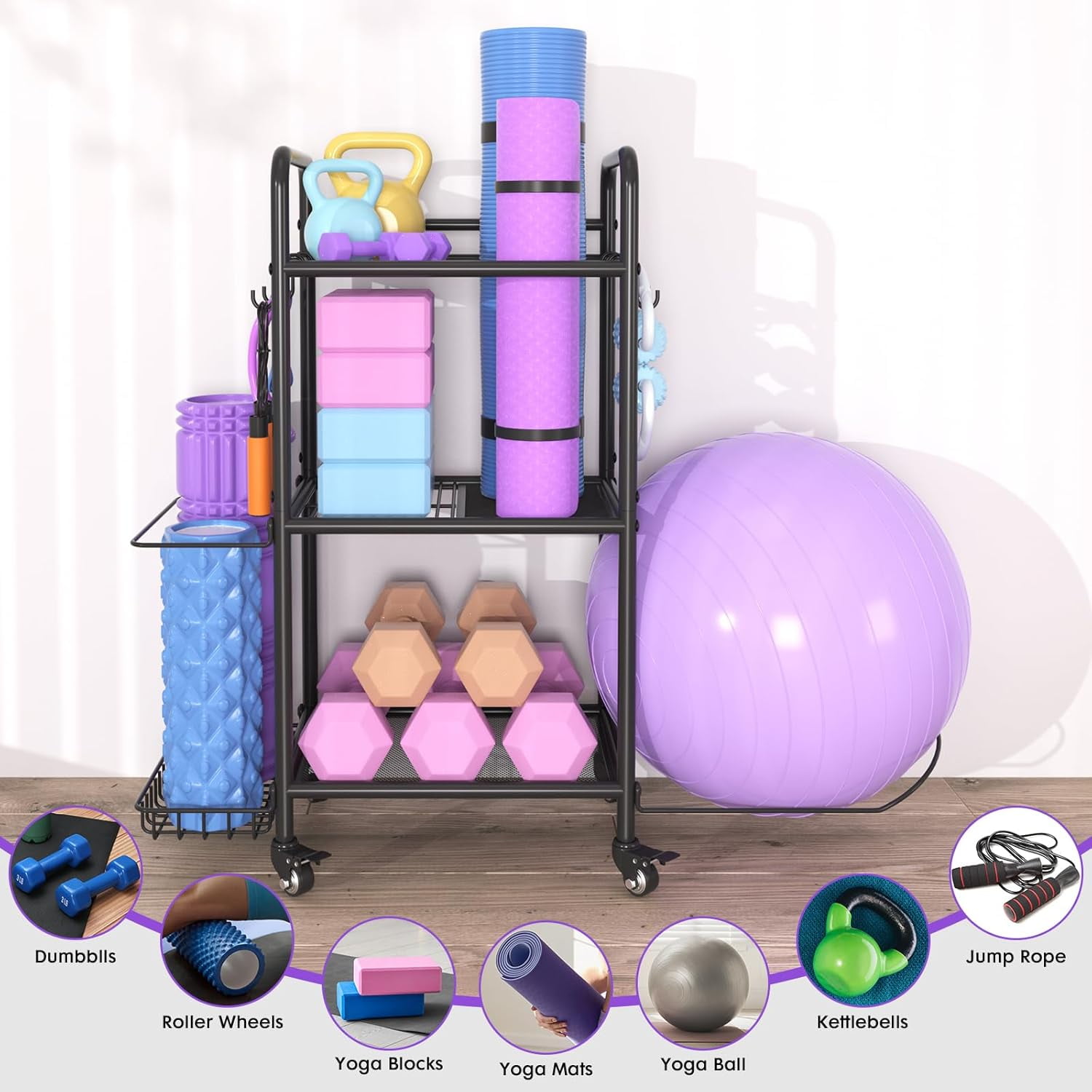 Home Gym Storage Rack Organizer for Yoga Mat Dumbbells Kettlebells Foam Roller Yoga Strap & Resistance Bands