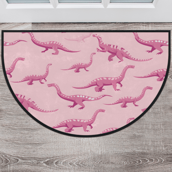 CURLYOOT Pinks Dinosaur Half Round Door Mat 40'' x 63'', Indoor Outdoor Entrance Rug, Semi Circular Area Rug, Non Slip Washable Absorbent Doormat, Laundry Room Rug