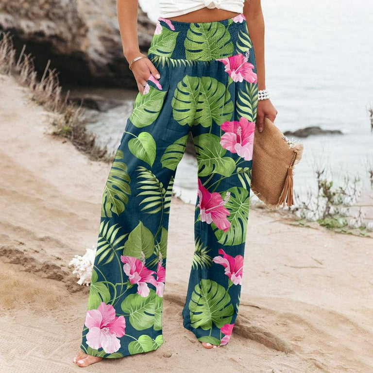 JWZUY Women's Hawaiian Tropical Print High Elastic Waisted Wide Leg Loose  Pants Trousers Linen Blend Summer Casaul Pants Green XXL