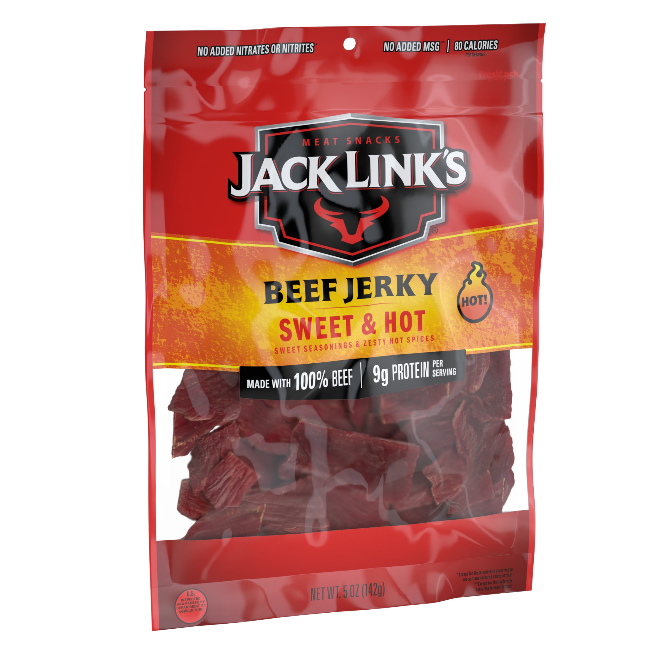 (2 pack) Jack Link’s Beef Jerky, Sweet & Hot, Made with 100% Beef, 9g of Protein per Serving, 5 oz, Resealable Bag