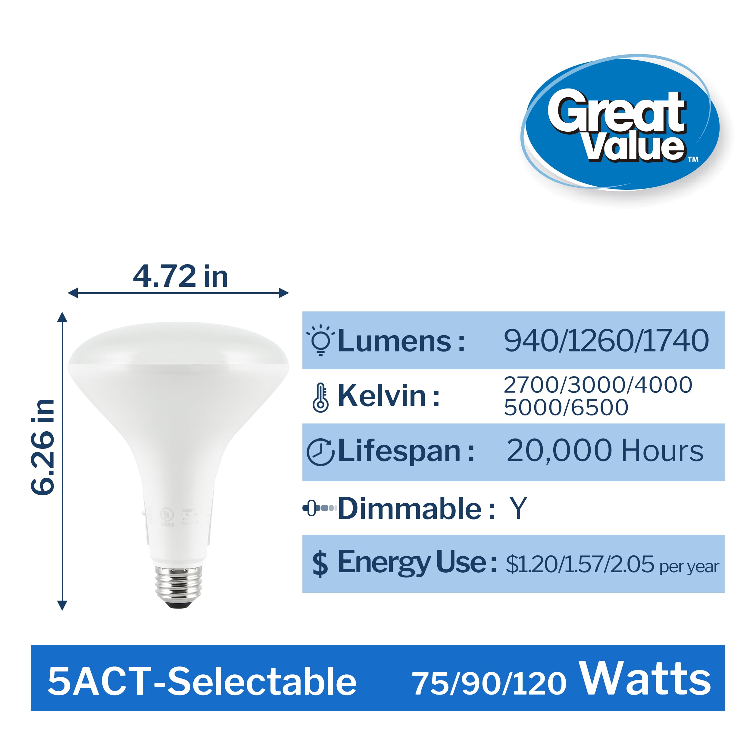Great Value BR40 LED Flood Light Bulbs, Selectable Brightness & 5 Color Temperatures, 75W/90W/120W Equivalent, E26 Base, 2‑Pack (CEC Title 20)