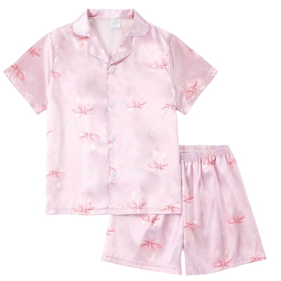 Zanarzt Girls Summer Pajamas Kids Girls Pajama Set Silky PJS Button-Down Sleepwear Nightwear Loungewear Clothes Set Gifts 11-12 Years,Watermelon Red