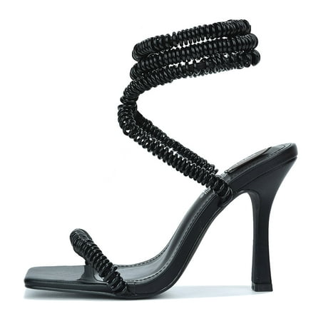

Cape Robbin Women Stiletto High Heels Coil Cord Leg Design Square Toe Modern RINGRING Black 8