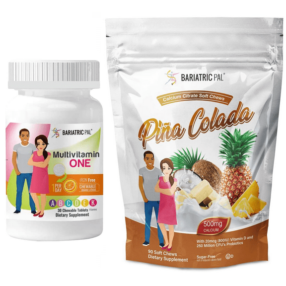 Gastric Sleeve Complete Vitamin Pack - Chewables Size: 1-Month Supply, BariatricPal Multivitamin ONE: Orange Citrus Chewable - Iron Free, BariatricPal Calcium Citrate Soft Chews: Piña Colada
