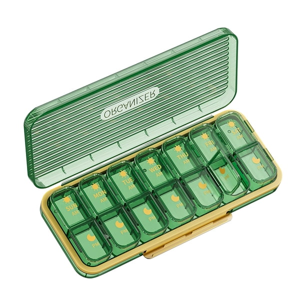 Organizador Semanal de Pastillas, Contenedor de Pastillas, Dispensador de Pastillas Sellado Ligero Y Resistente, Práctico Pastillero Portátil para El 14 Rejillas Verde Sunnimix Organizador Semanal