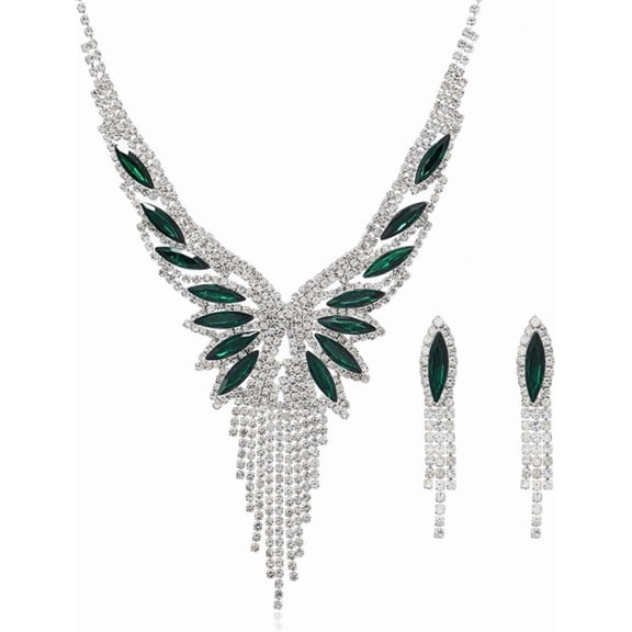 Luxury Rhinestone Necklace Earrings Bridal Jewelry Sets for Women Green Crystal Teardrop Tassel Pendant Necklaces Wedding Costume Dress for Brides Bridesmaids