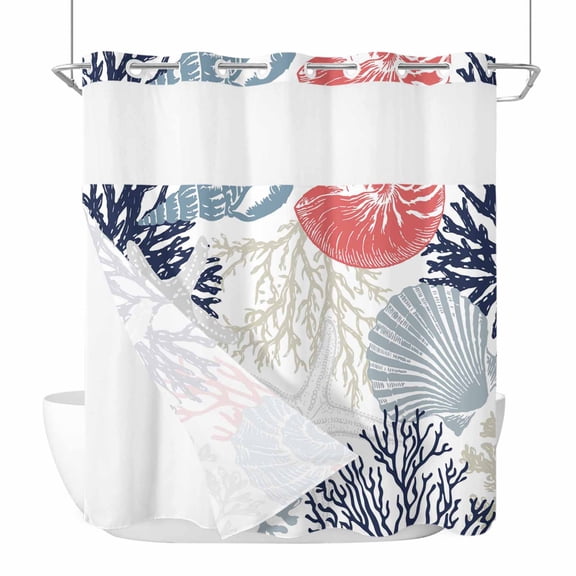Navy Blue Coastal No Hook Shower Curtain with Snap in Liner, Waterproof Fabric Shower Curtains, Grey Red Beige Coral Starfish Nautical Shower Curtain Set Top See Through for Bathroom 72"x78"
