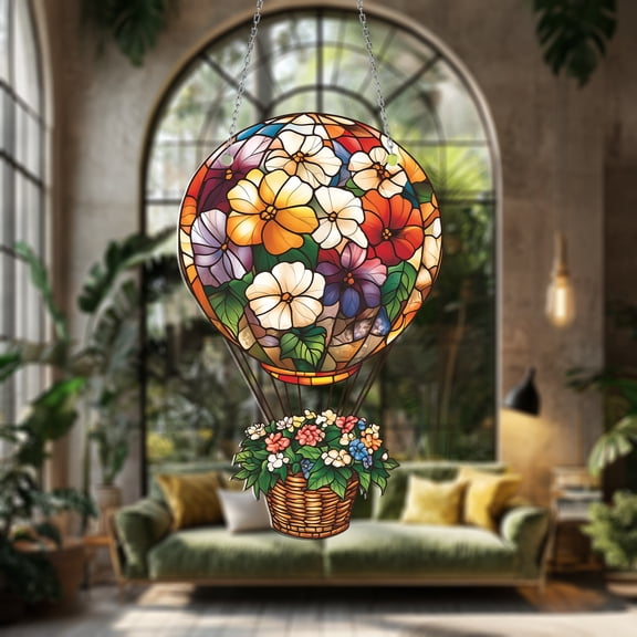 Hot Air Balloon Window Hanging, Floral Suncatcher, Unique Window Ornament, Home Decor, Beautiful Gift for Dad or Mom, Hanging Decoration for Living Room, Balcony, or Office