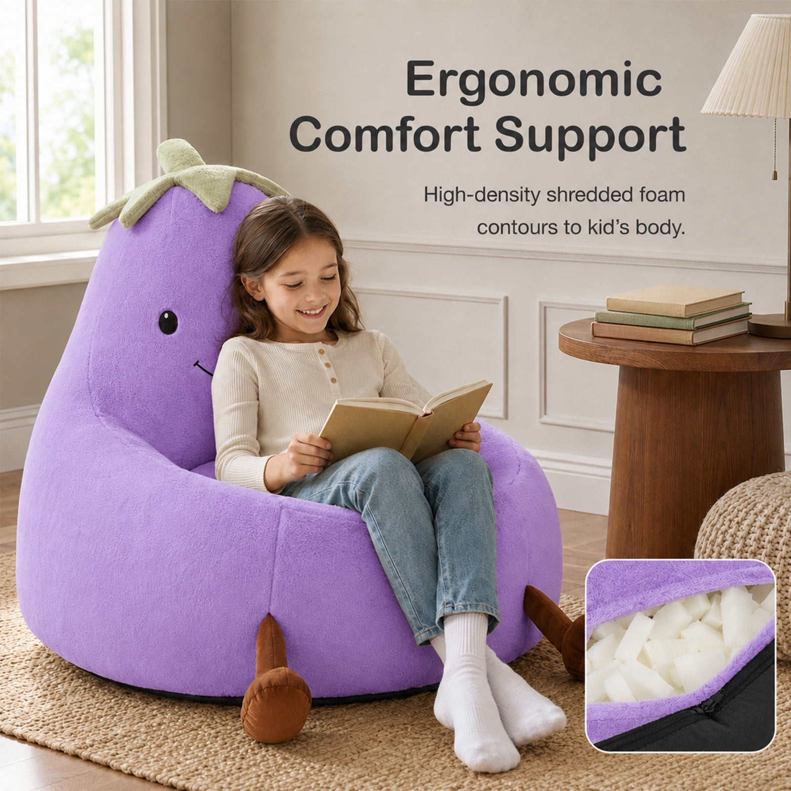 Alvantor Kids Bean Bag Chair, Stuffed Toddler Couch with Artificial Rabbit Fur Cover for Teens & Kids, Comfy Lazy Sofa Chair for Reader, Living Room, Bedroom