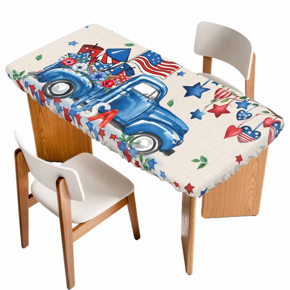 Independence Day Table Cloths for 3 Foot Rectangle Tables, Farmhouse American Flag Truck Star Burlap Patio Waterproof Elastic Fitted Tablecloths, Washable Rectangular Table Cover for Camping