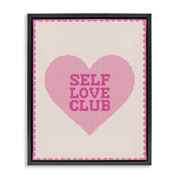 Stupell Industries Self Love Club Pixel Heart Black Framed Floater Canvas Wall Art, design by Lil' Rue