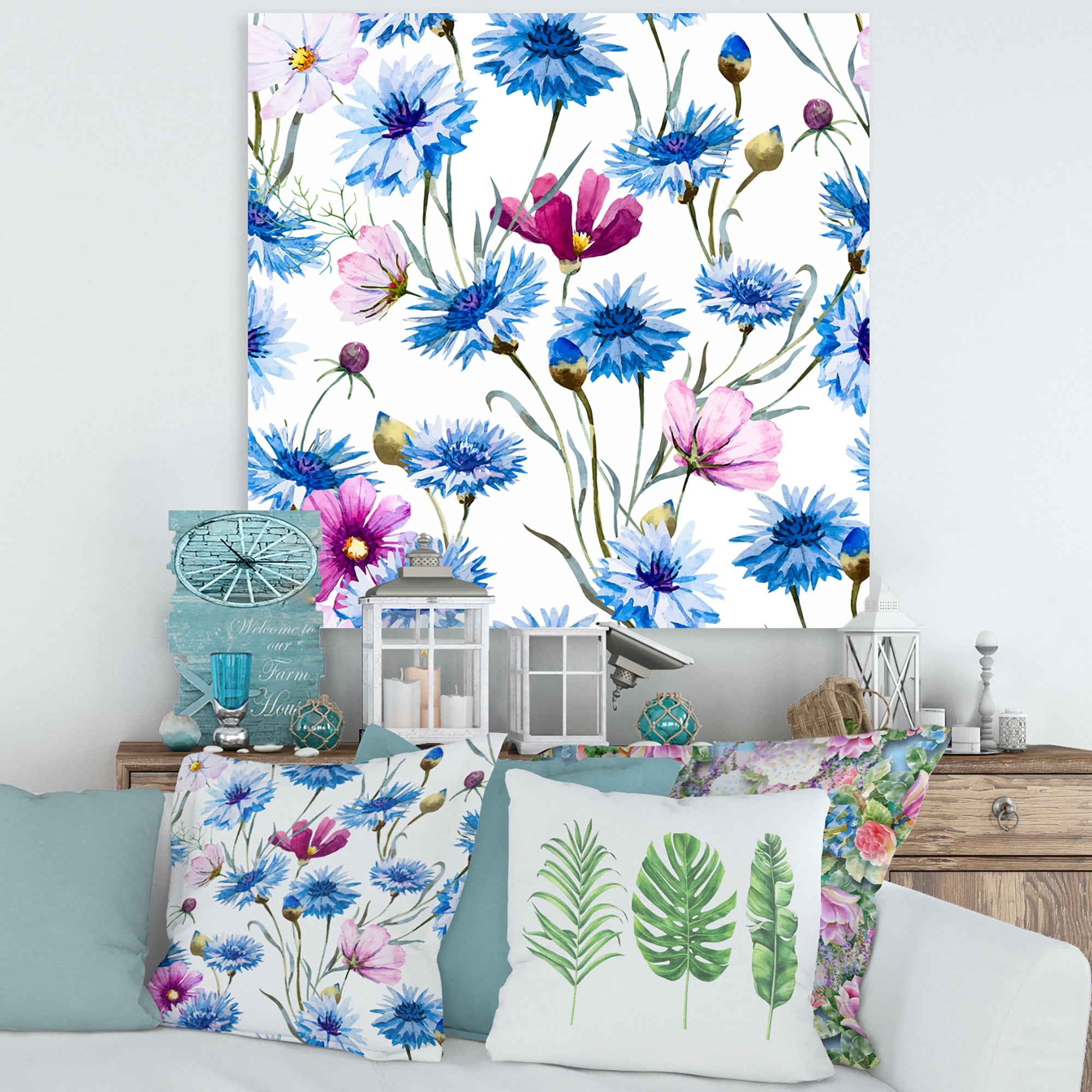 Designart ' Pink and Blue Wild Cornflowers ' Traditional Canvas Wall Art Print