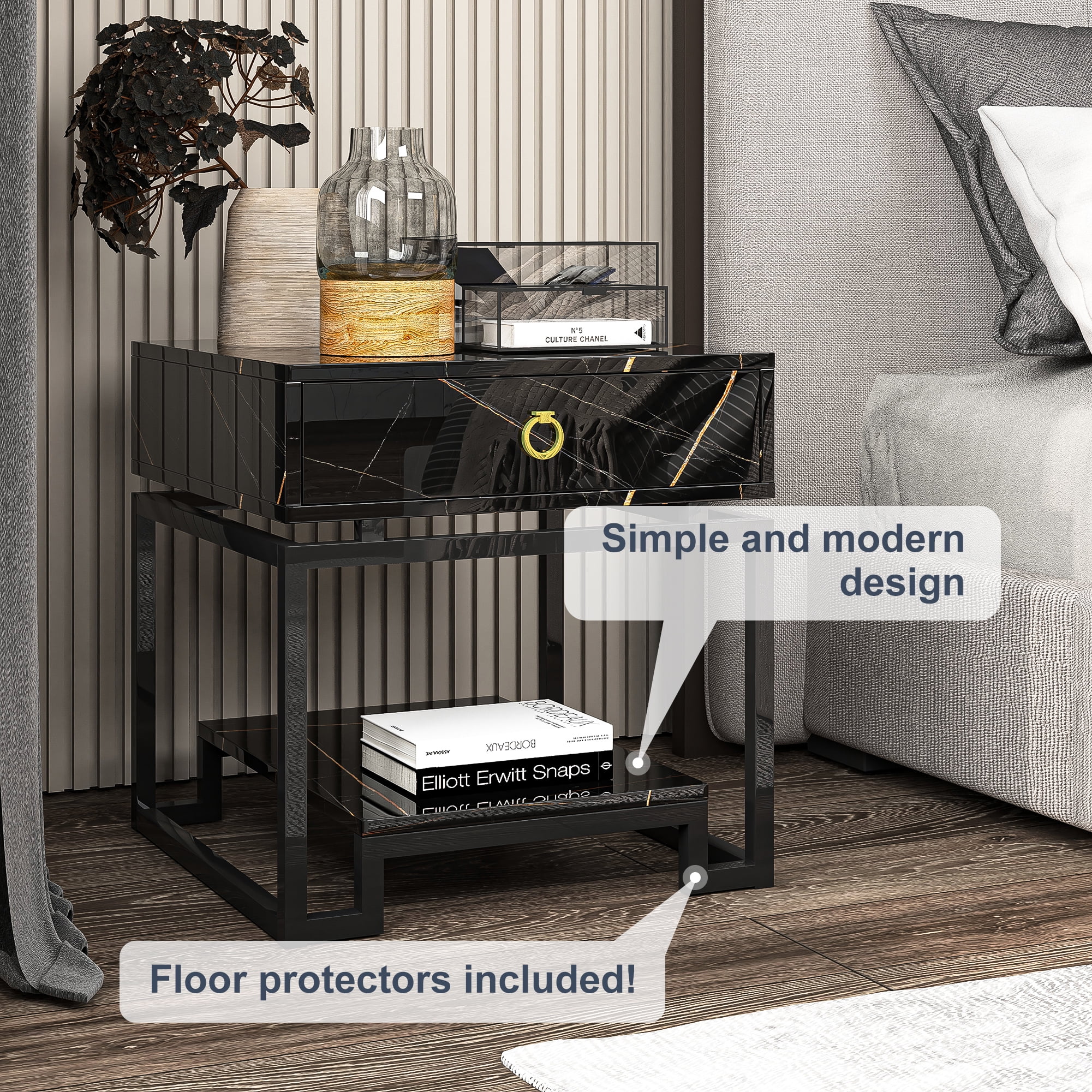 Resenkos Black Marble Nightstand for Bedroom with Golden Handle, Modern Drawers and Shelf Bedside Table Resenkos Black Marble Nightstand for Bedroom with Golden Handle, Modern Drawers and Shelf Bedside Table