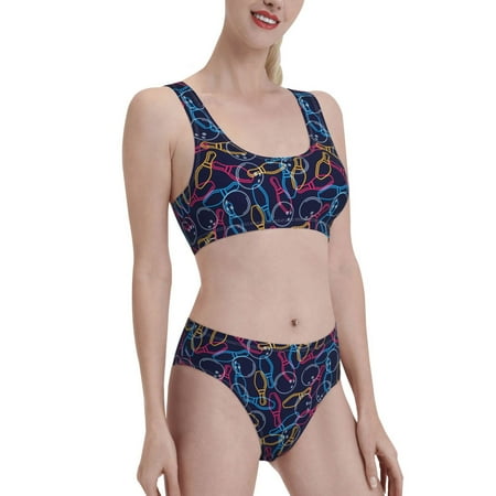 Uemuo Multicolor Bowling Printed Women s High Waisted Bikini Sets Sporty Two Piece Swimsuits Color Block Cheeky High Cut Bathing Suits-Medium