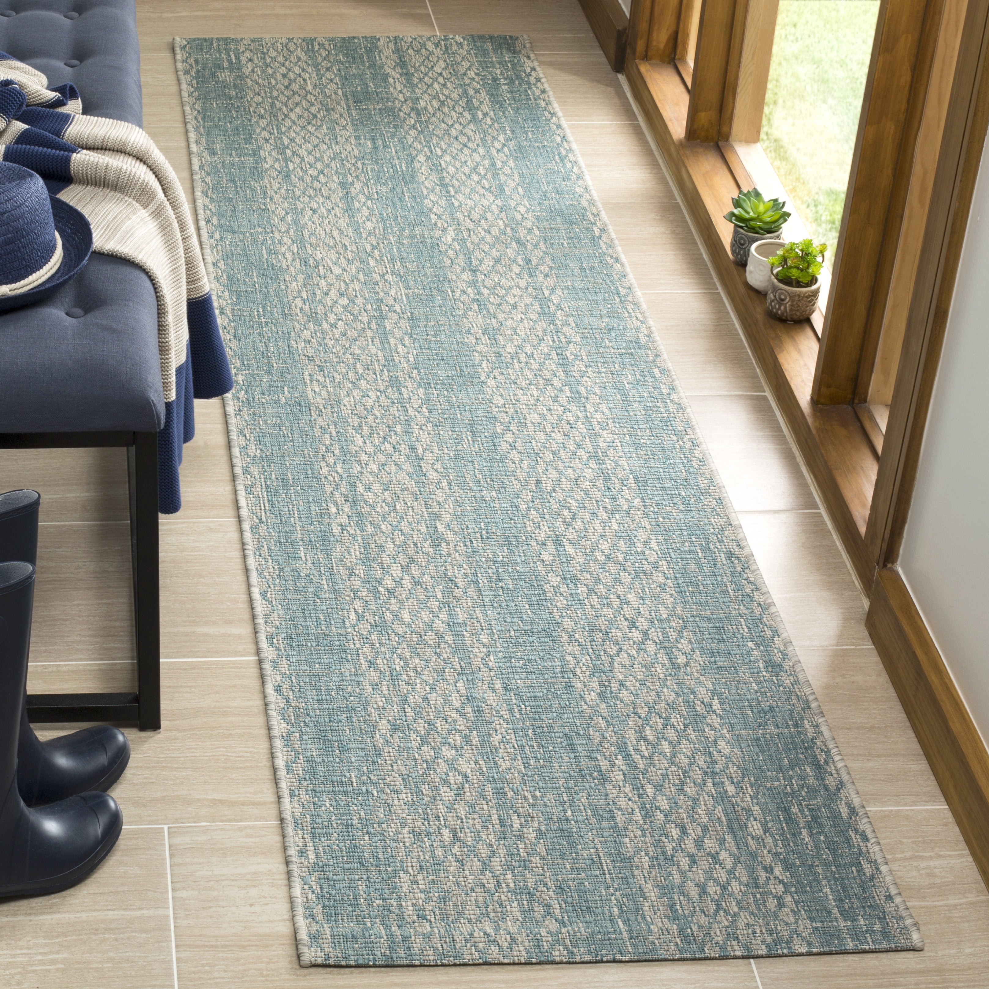 SAFAVIEH Courtyard Robert Striped Indoor/Outdoor Runner, 2'3" x 10', Light Grey/Aqua