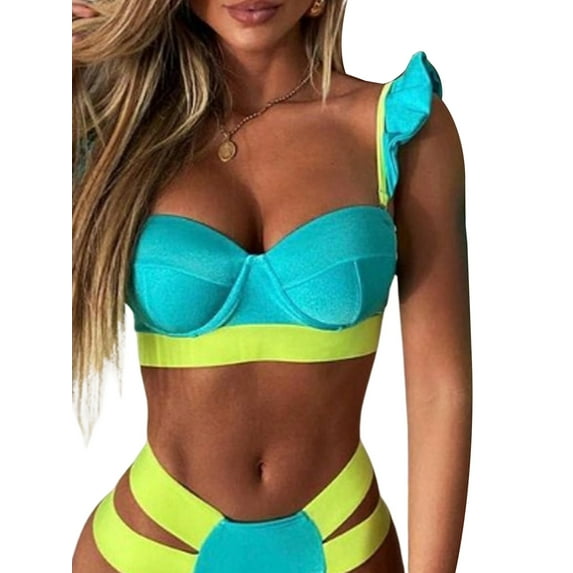Seyurigaoka Women's 2Pcs Bikini Set, Crop Tank Tops with High Waist Bottoms