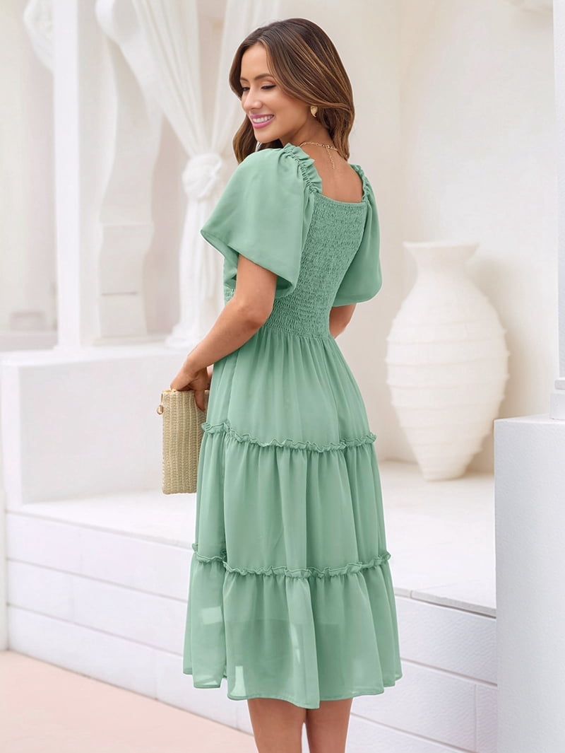 Women'S Summer Casual Flutter Sleeve Square Neck Smocked Midi Dress Green M