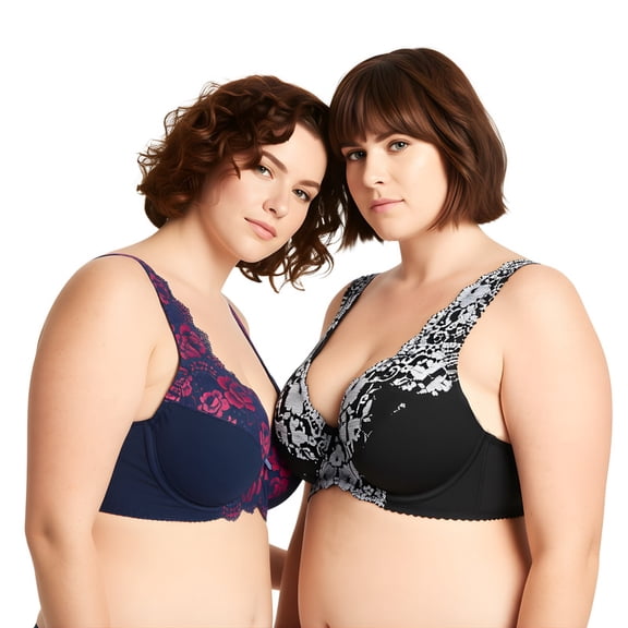 Curve Muse Women's Minimizer Unlined Underwire Bra with Lace Embroidery-2 Pack-Silver,Blue-34B