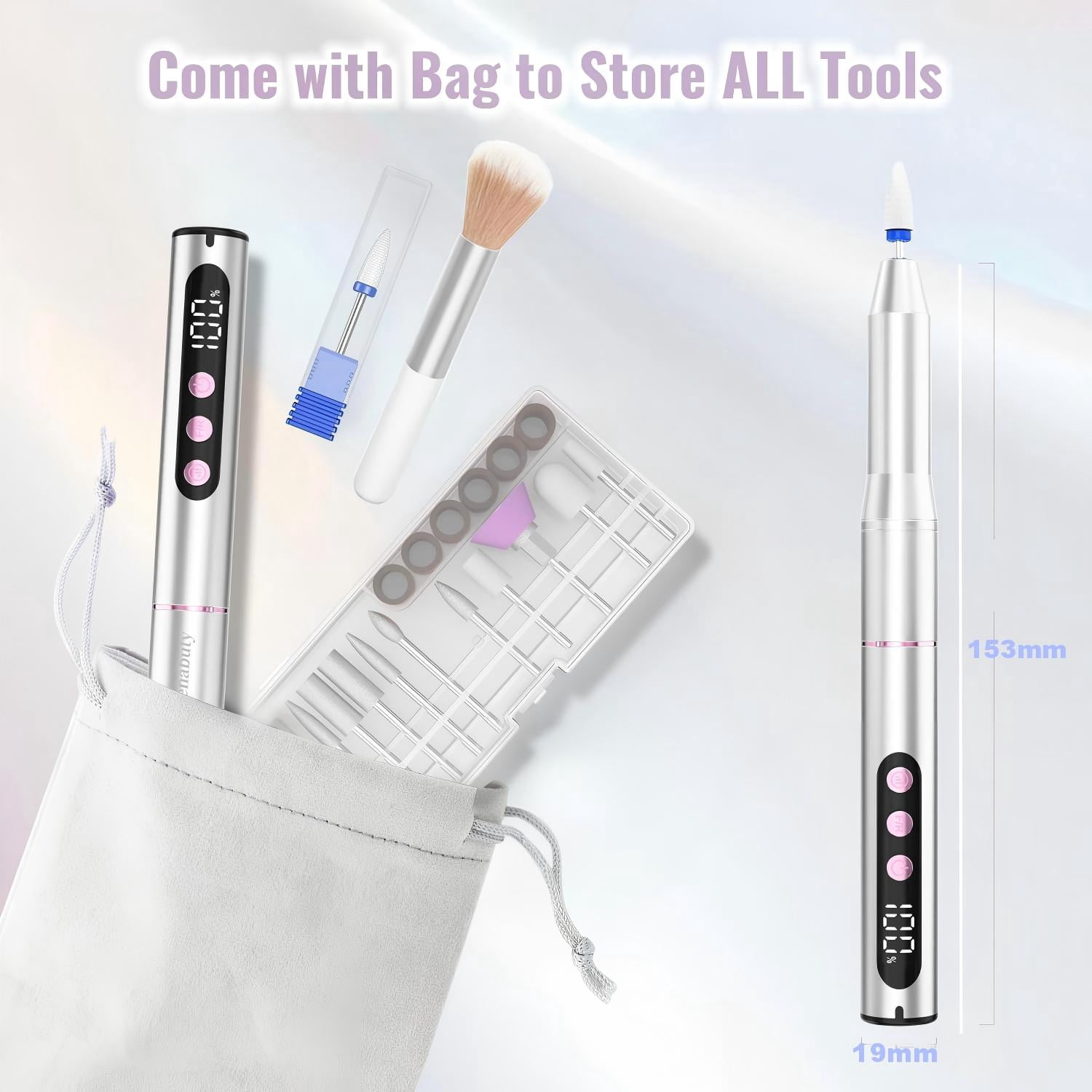 Cordless Electric Nail Drill, 35,000 RPM Rechargeable Nail Drill Machine with 12 Nail Drill Bits, Portable Electric Nail File with LCD Display for Acrylic and Gel Nails, Manicure & Pedicure, Silver