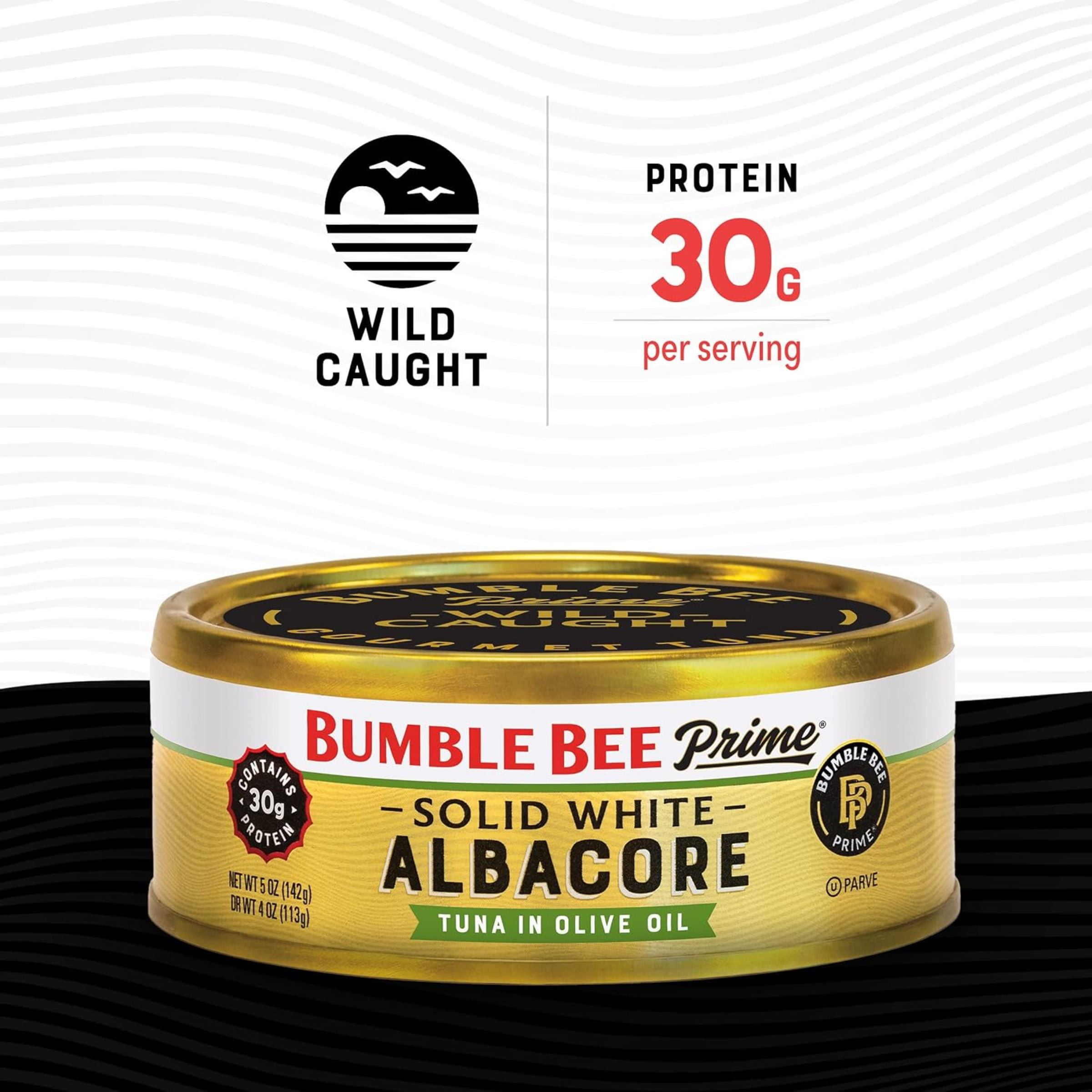 (12 pack) Bumble Bee Prime Solid White Albacore Tuna in Olive Oil, Wild Caught, Gluten Free, 30g Protein per Serving, Shelf Stable Can, 5 oz