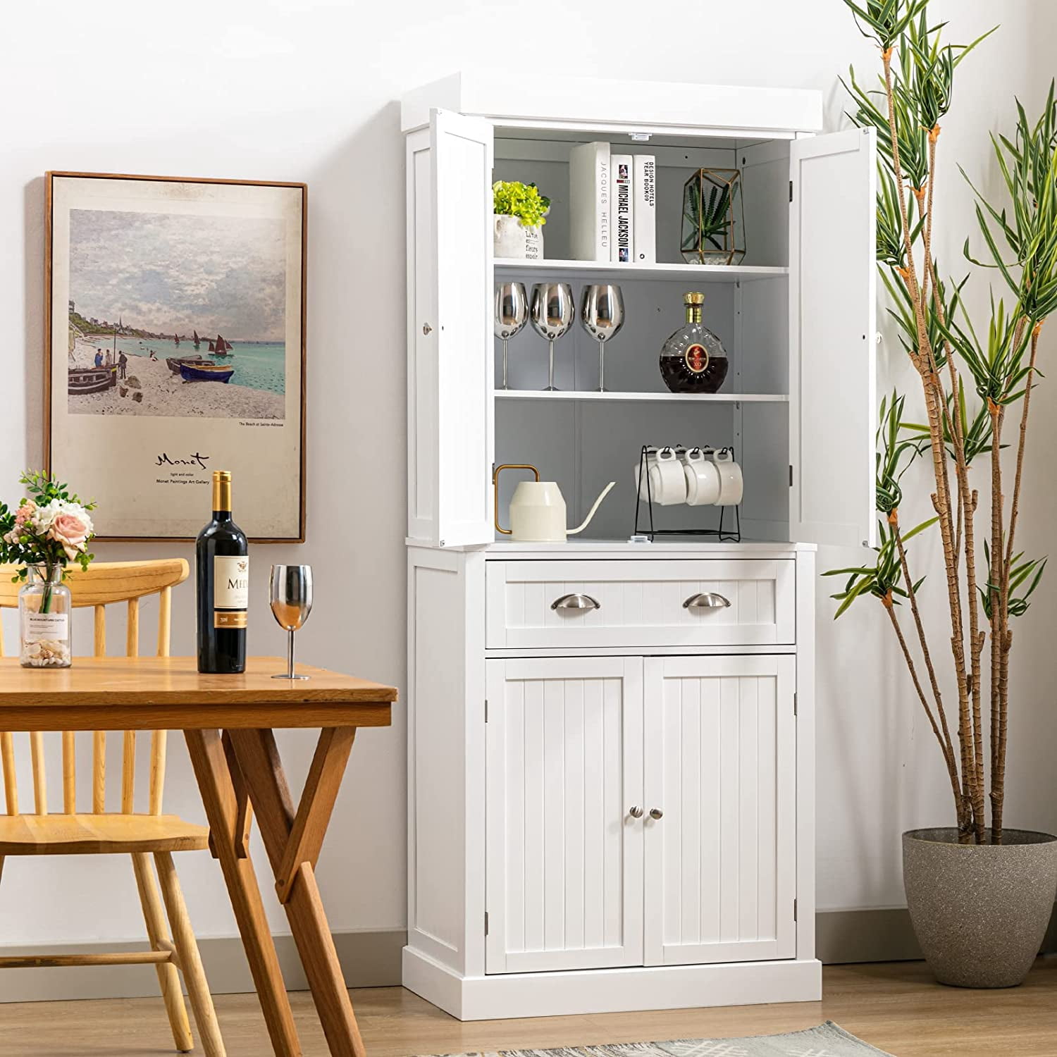 PWFE Kitchen Pantry Storage Cabinet, 72" Traditional Kitchen Pantry Cabinet, 6-Tier Freestanding Buffet Cupboards for Kitchen Storage(White)