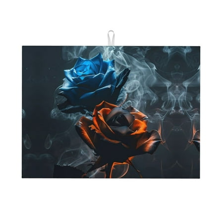 

Large Dish Drying Mats for Kitchen Counter - Blue and Red Roses Artwork 18x24In Anti-Slip Absorbent Microfiber Drying Mat for Kitchen Counter Mat Dish Rack Mat with Hanging Loop