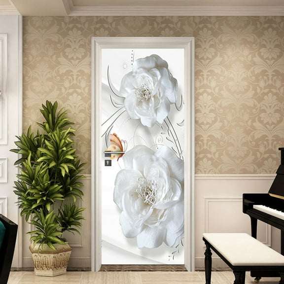 3D Door Sticker Mural, White peony flower sticker bedroom decorative wall sticker, Waterproof, Removable