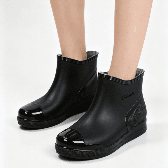 pwidon Waterproof Rain Boots Women Slip On Short Ankle Slip Resistant Flat Sole Embossed Detail Rubber Casual Wet Weather Women Rain Footwear Black 36