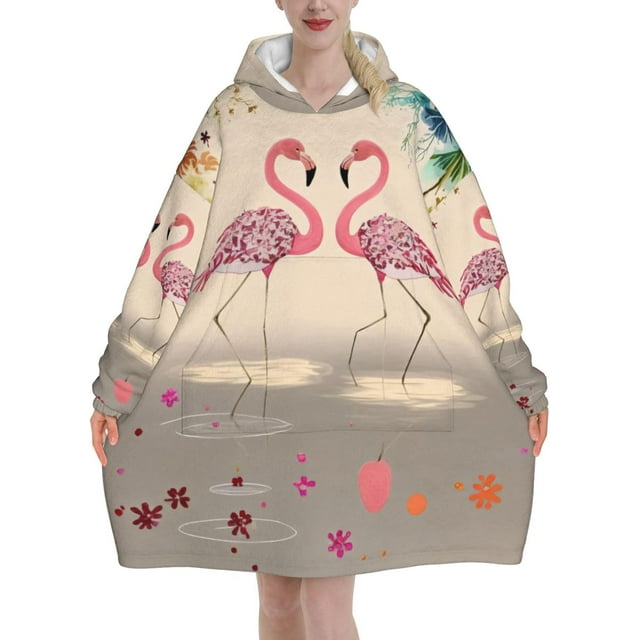 Flamingos And Flowers Print Oversized Blanket Hoodie, Wearable Blanket Adult For Women Men And Teenager, Super Soft Warm Flannel Fluffy Hooded Blankets Sweatshirt With Big Pocket