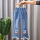 thumbnail image 5 of Spring Autumn Children Jeans  Girls Cotton Print Splice Stretch Denim Pants Korean Teenage TrousersWear Kids ClothingDenimRipped, 5 of 6