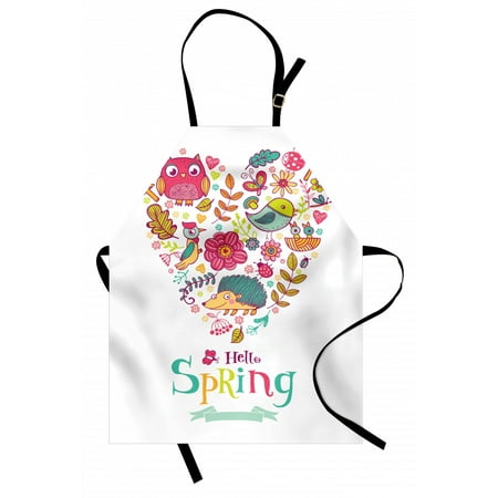 

Hello Apron Doodle Style Hello Spring Words Printed with Heart Shaped Frame of Animals Flowers Unisex Kitchen Bib with Adjustable Neck for Cooking Gardening Adult Size Multicolor by Ambesonne