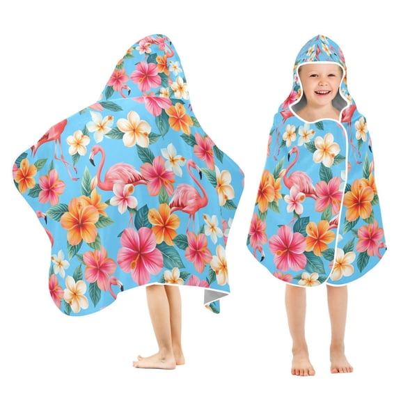 Yayeee Kids Hooded Towel with Hand Pockets Beach Soft Absorbent Bath Wrap 50 x 23.5 inch, Tropical Flamingo Pattern