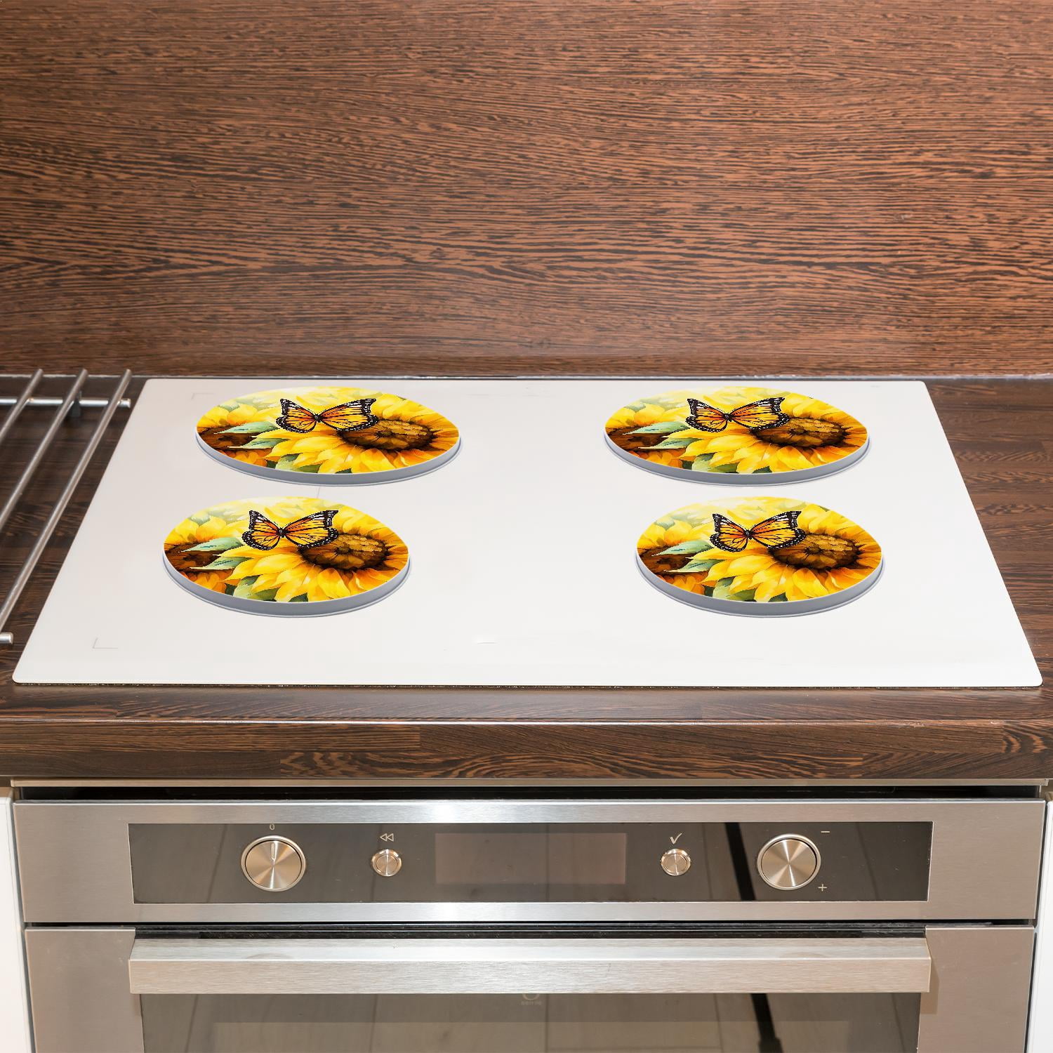 Round Stove Burner Covers 4 Pcs for Metal Gas Stove Burner Cover 8Inch And 10Inch ,Yellow Sunflower Butterfly Animal Lovely Design