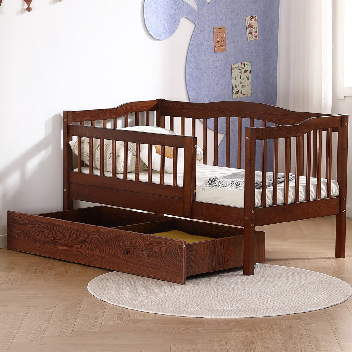 Ktaxon Toddler Daybed with Storage Drawers, Wood Kids Platform Bed Frame with Rails, No Box Spring Needed, Easy Assembly - Brown
