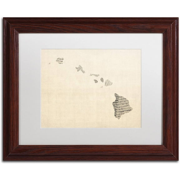 Trademark Fine Art 'Old Sheet Music Map of Hawaii' Canvas Art by Michael Tompsett, White Matte, Wood Frame